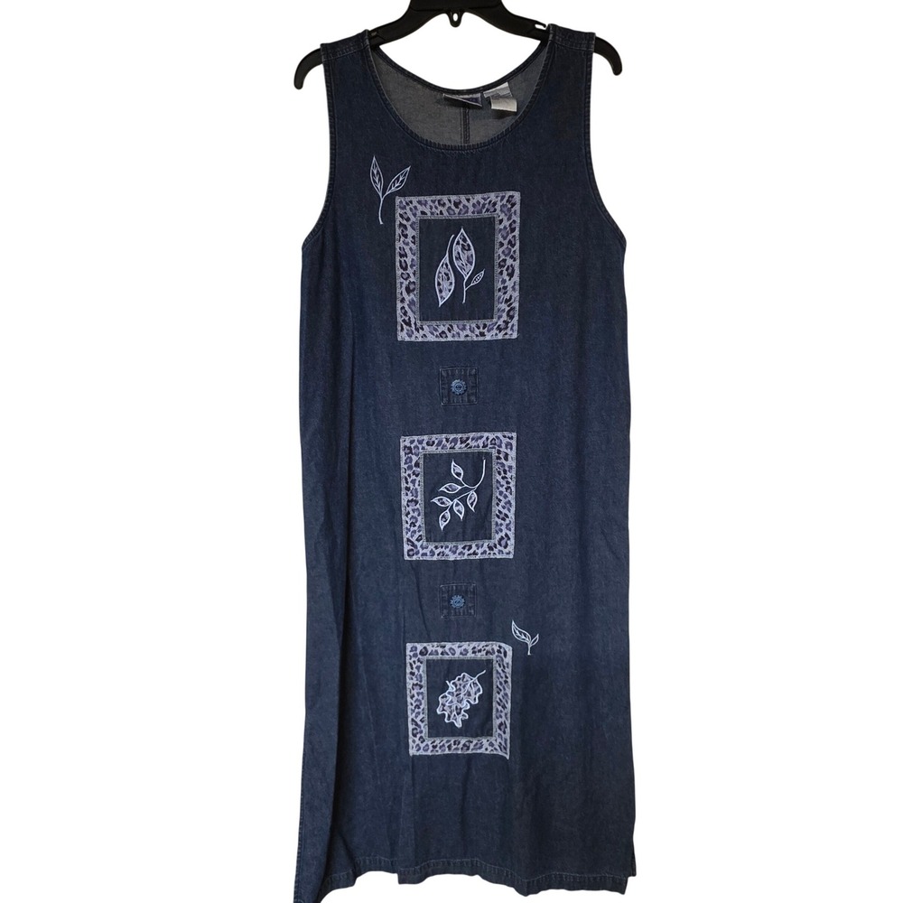 Vintage 90s Erika & Co Denim Midi Dress Leopard Patchwork Leaf Embroidery Blue‎
